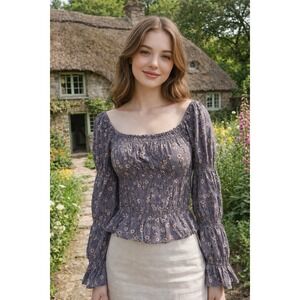 Promesa Making a Scene Smocked Floral Top Small Gray Soft Girl Prairie Peasant